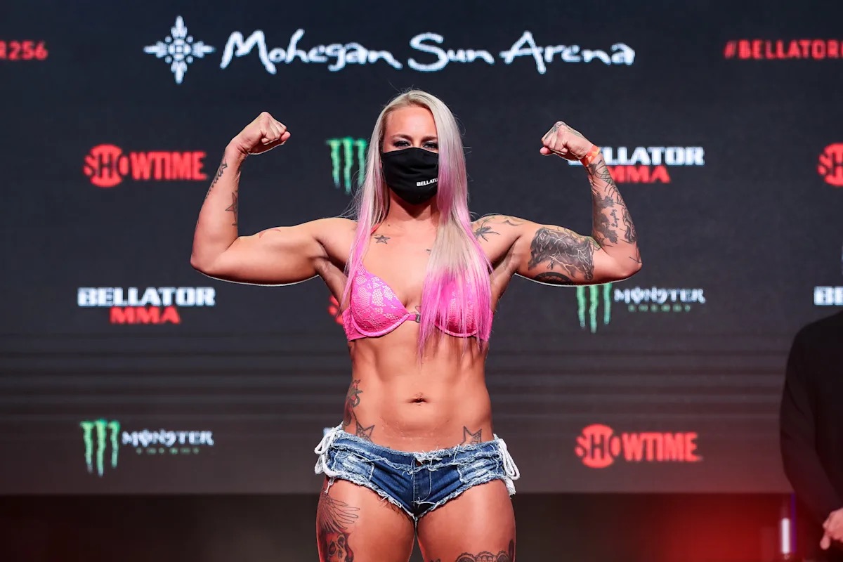 Jessica Borga flexing at the Bellator MMA weigh-ins