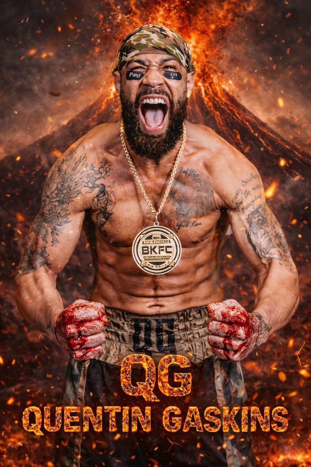 Promotional poster of Quentin "QG" Gaskins with bloodied fists in front of a volcano