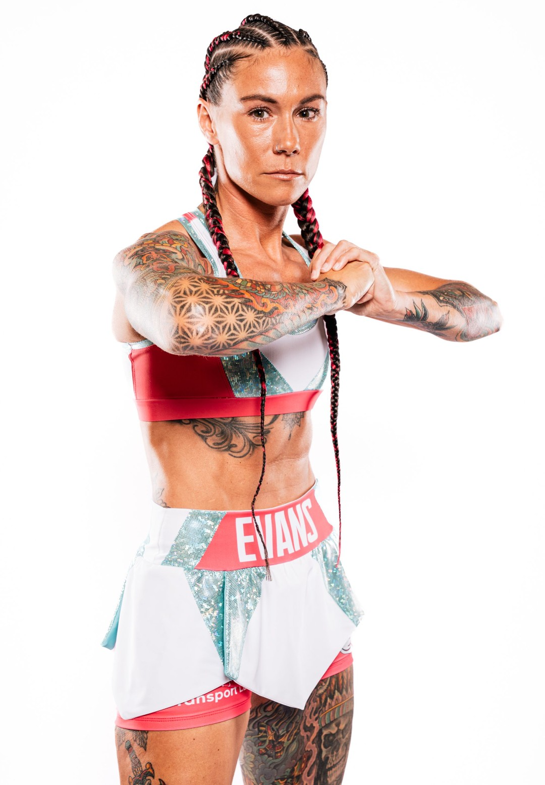 Brooke Evans in her Evans fight shorts and top